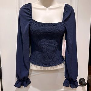NWT Aqua Navy Blue Smocked Long Sleeve Blouse